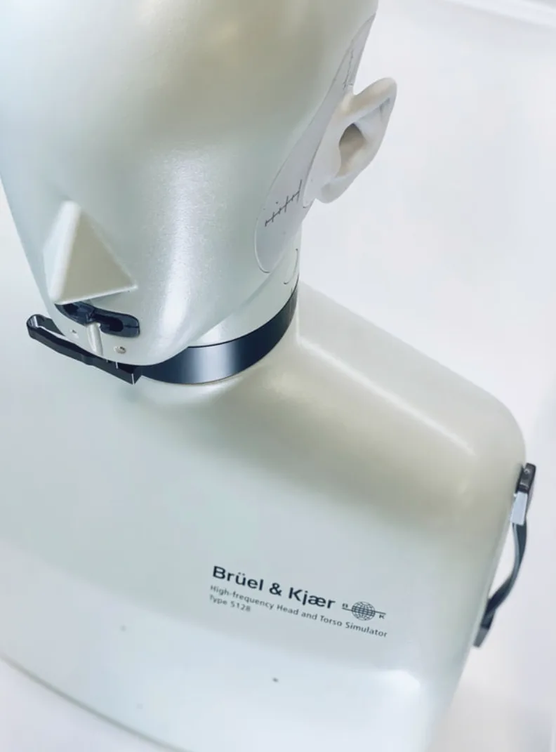 Bruel & Kjaer Type 5128 high-frequency head and torso simulator with Volta Audio headphones mounted