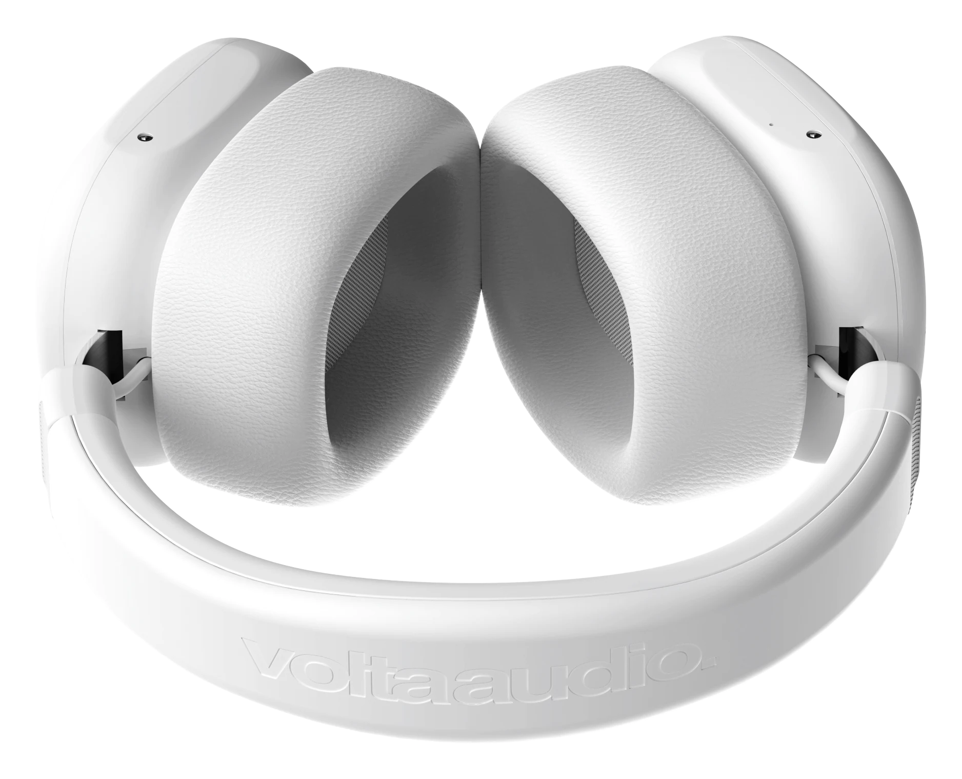 Volta Audio ferrofluid headphones in white, folded to show the earcups and embossed headband