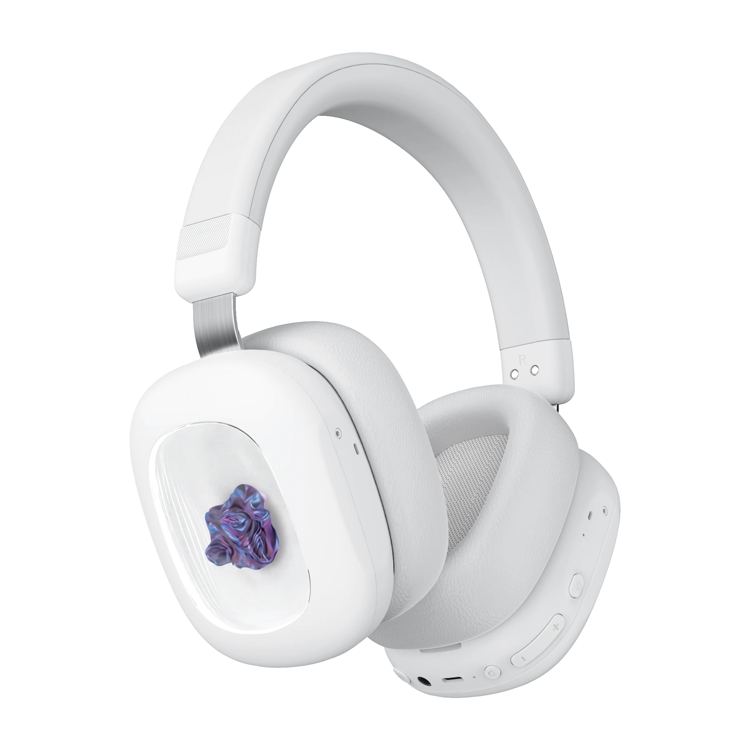 Volta Audio ferrofluid headphones in white, three-quarter view
