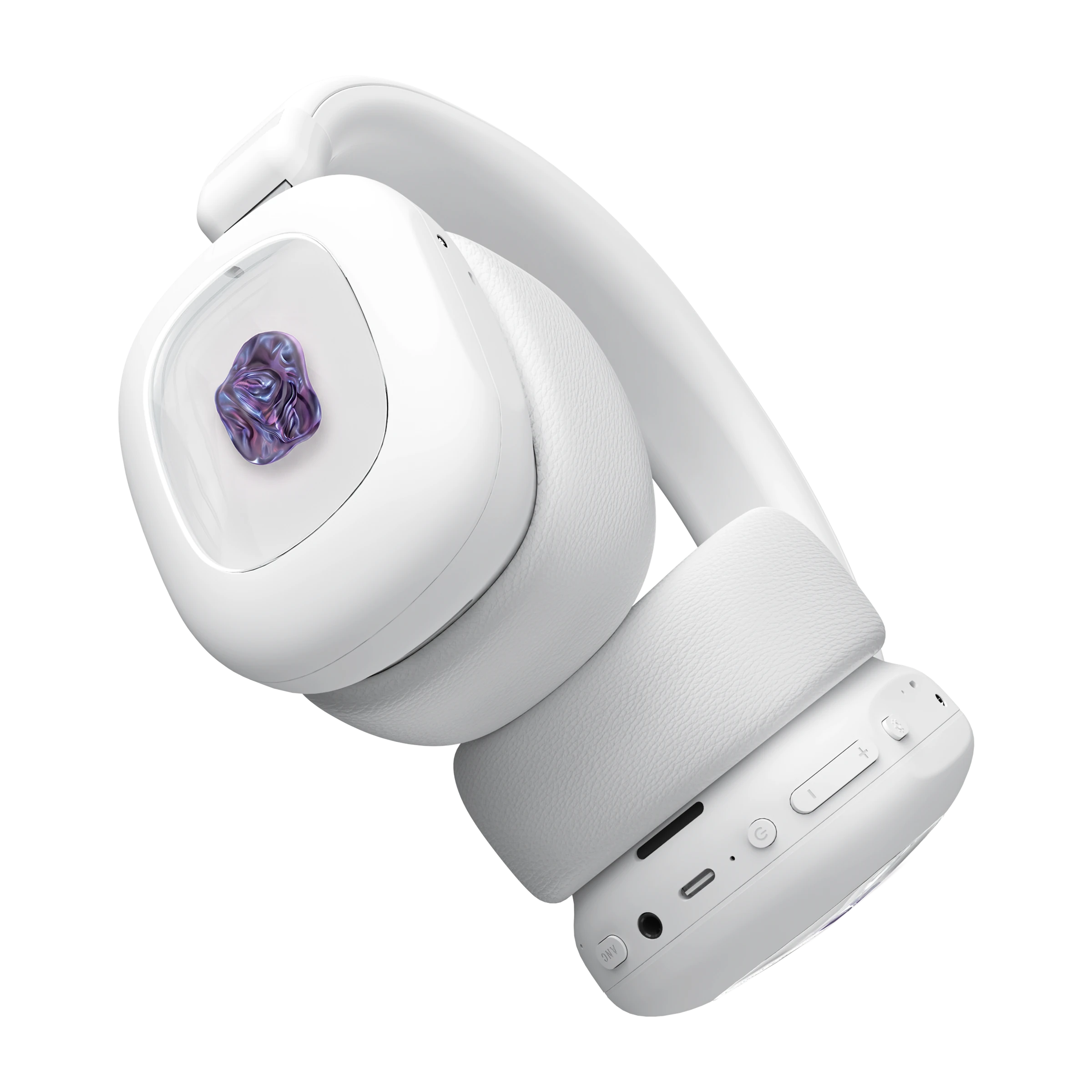 Volta Audio ferrofluid headphones in white, tilted view