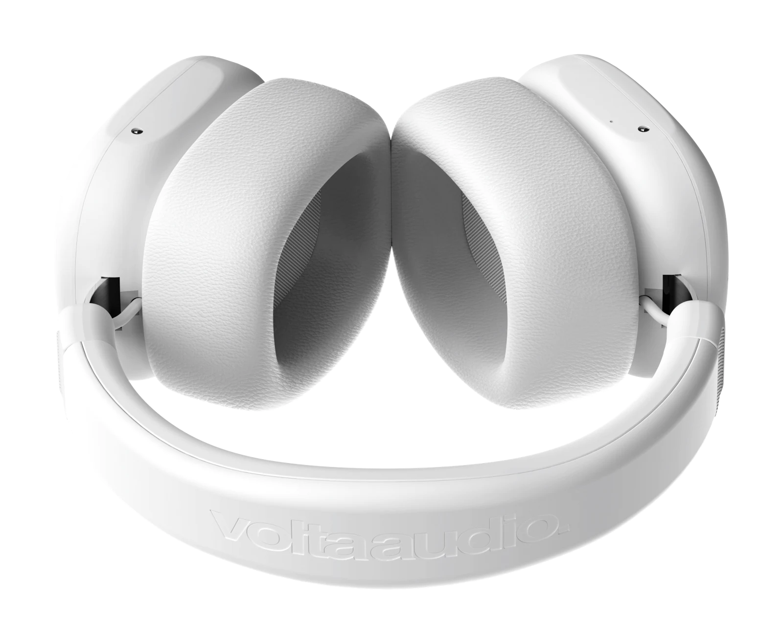 Volta Audio ferrofluid headphones in white, folded to show the earcups and embossed headband
