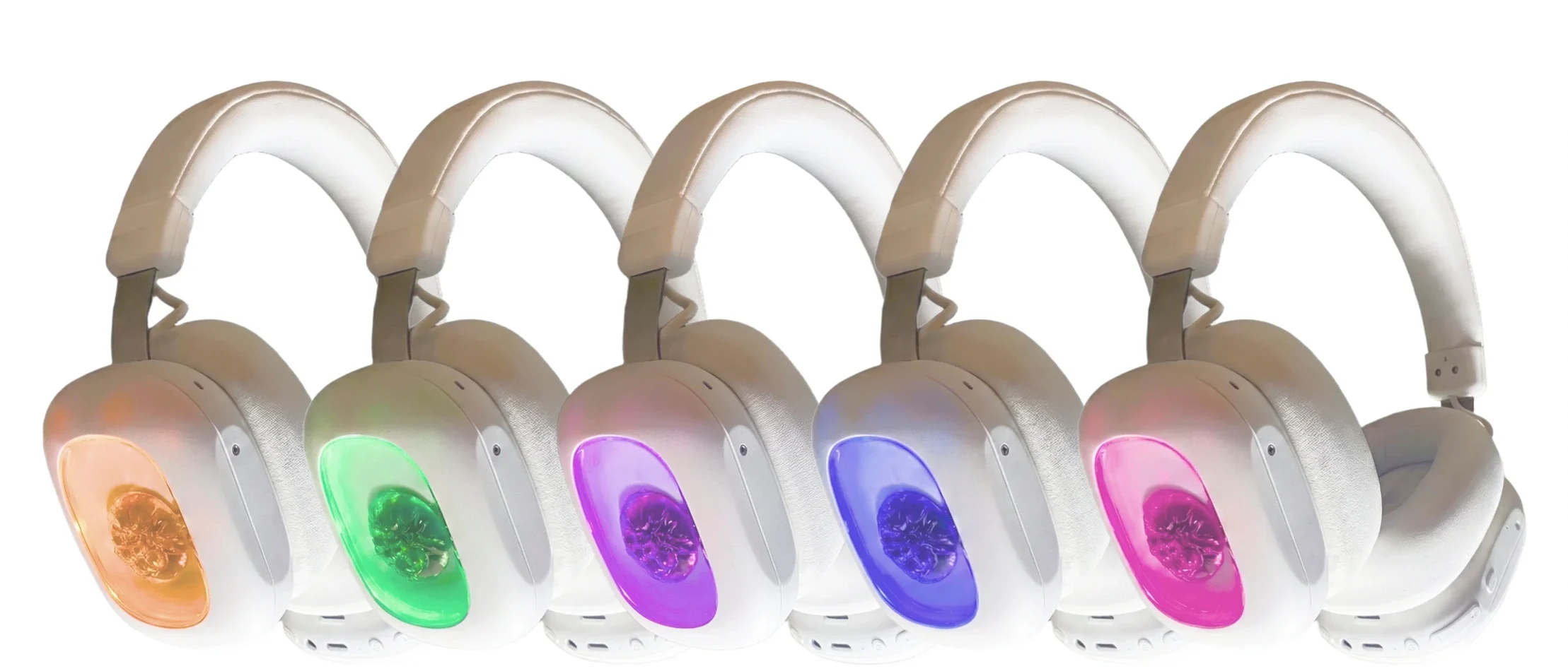 Volta Ferrofluid Headphones with the earcup LEDs lit amber, green, violet, blue and pink
