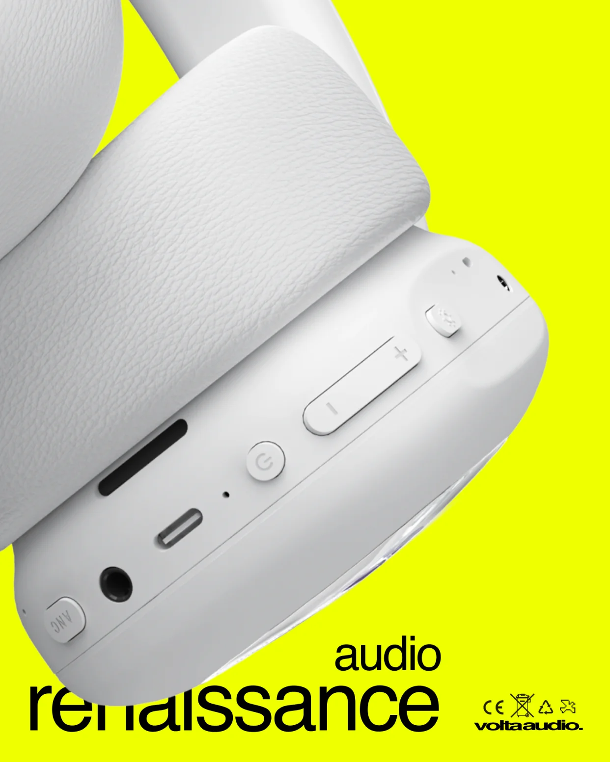 Close-up of the Volta earcup controls: ANC, 3.5mm jack, USB-C, power and volume, captioned audio renaissance