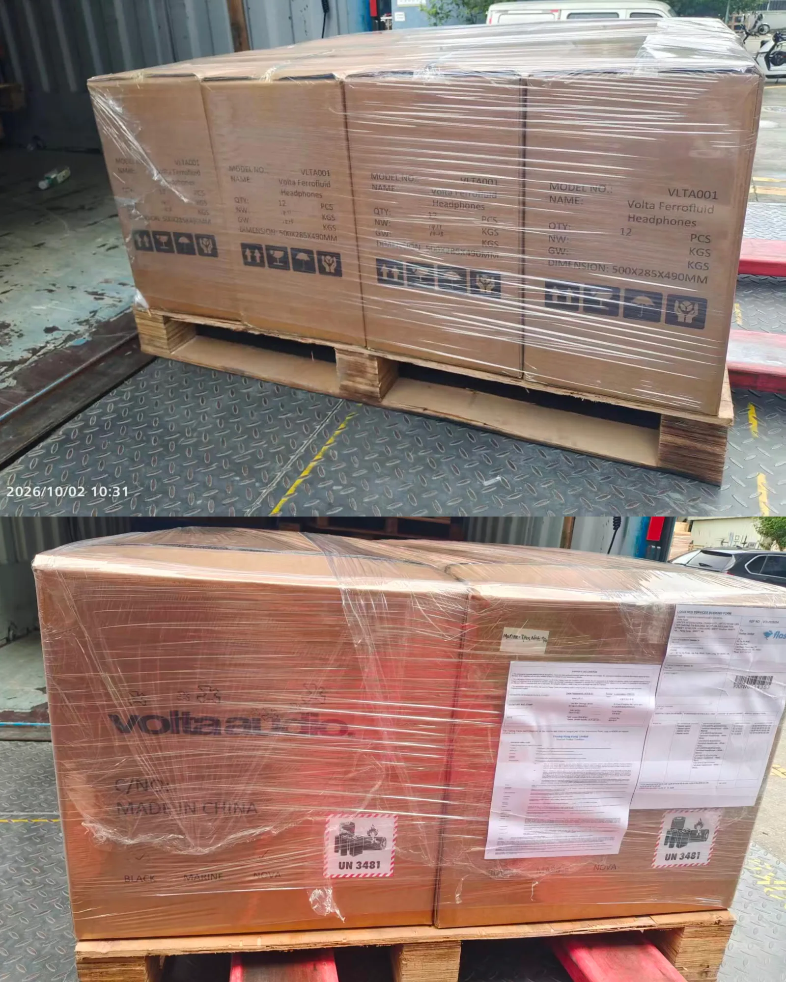 First wave of Volta Ferrofluid Headphones on pallets at the shipping facility