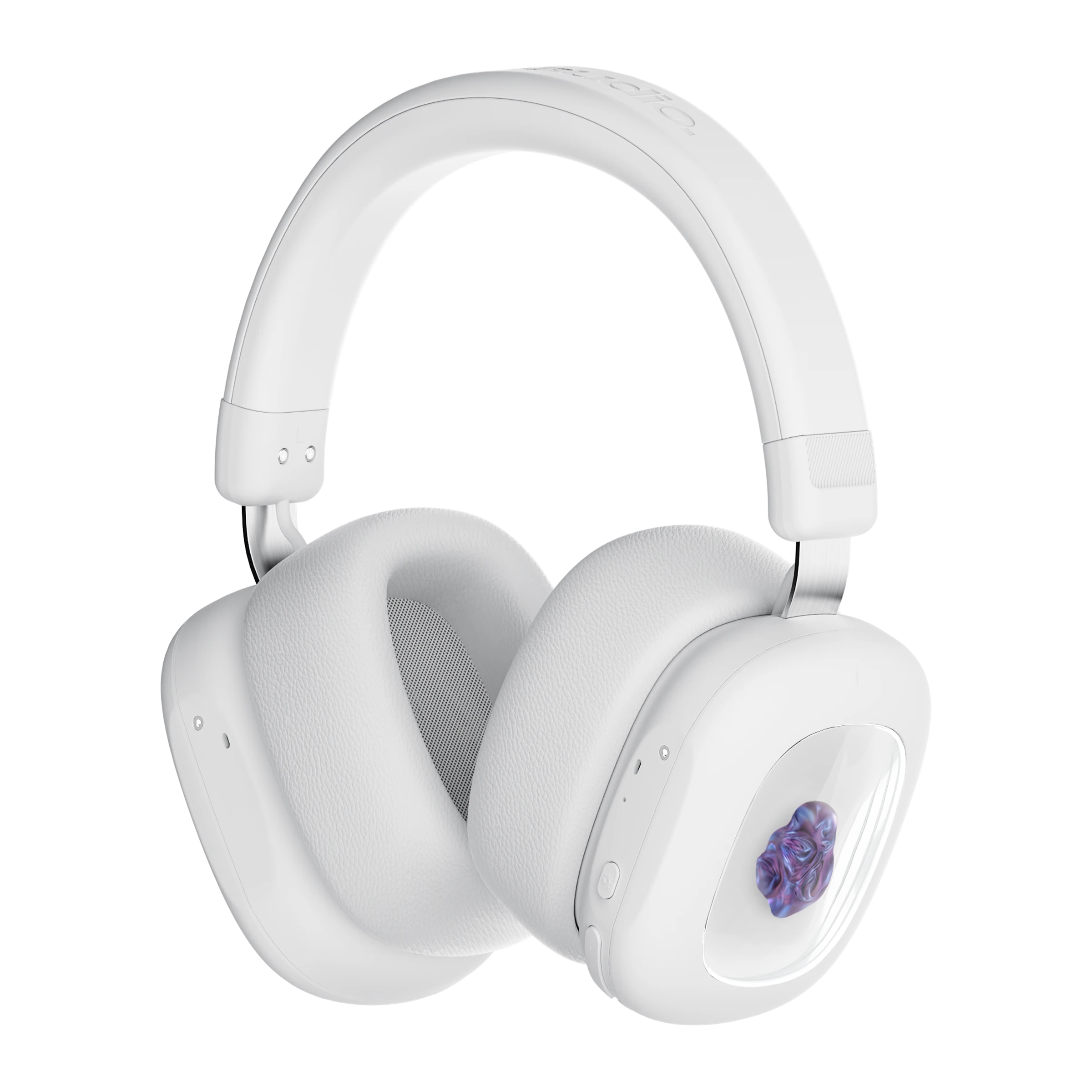 Volta Audio ferrofluid headphones in white, three-quarter view from the other side