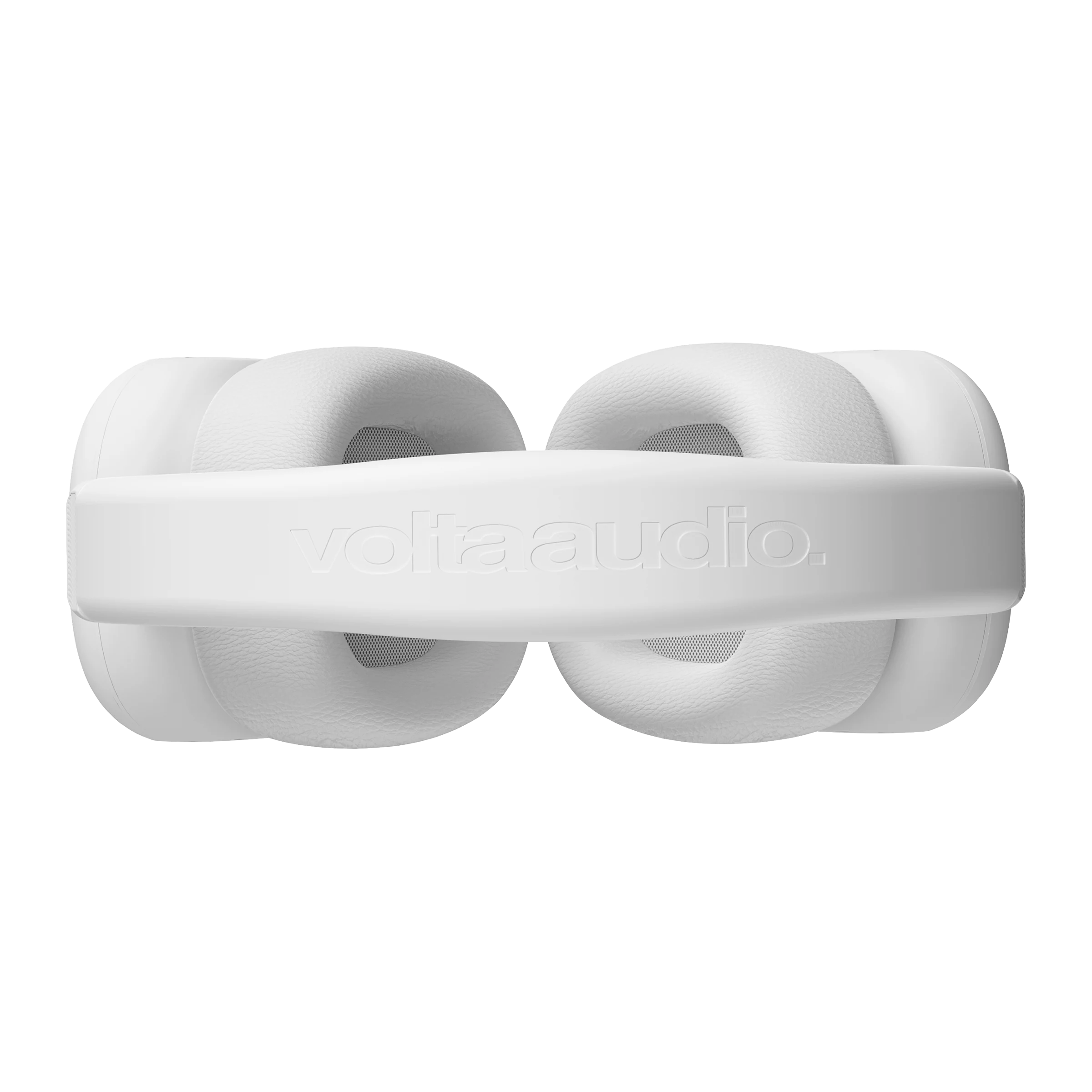 Volta Audio ferrofluid headphones in white, folded flat showing the embossed headband
