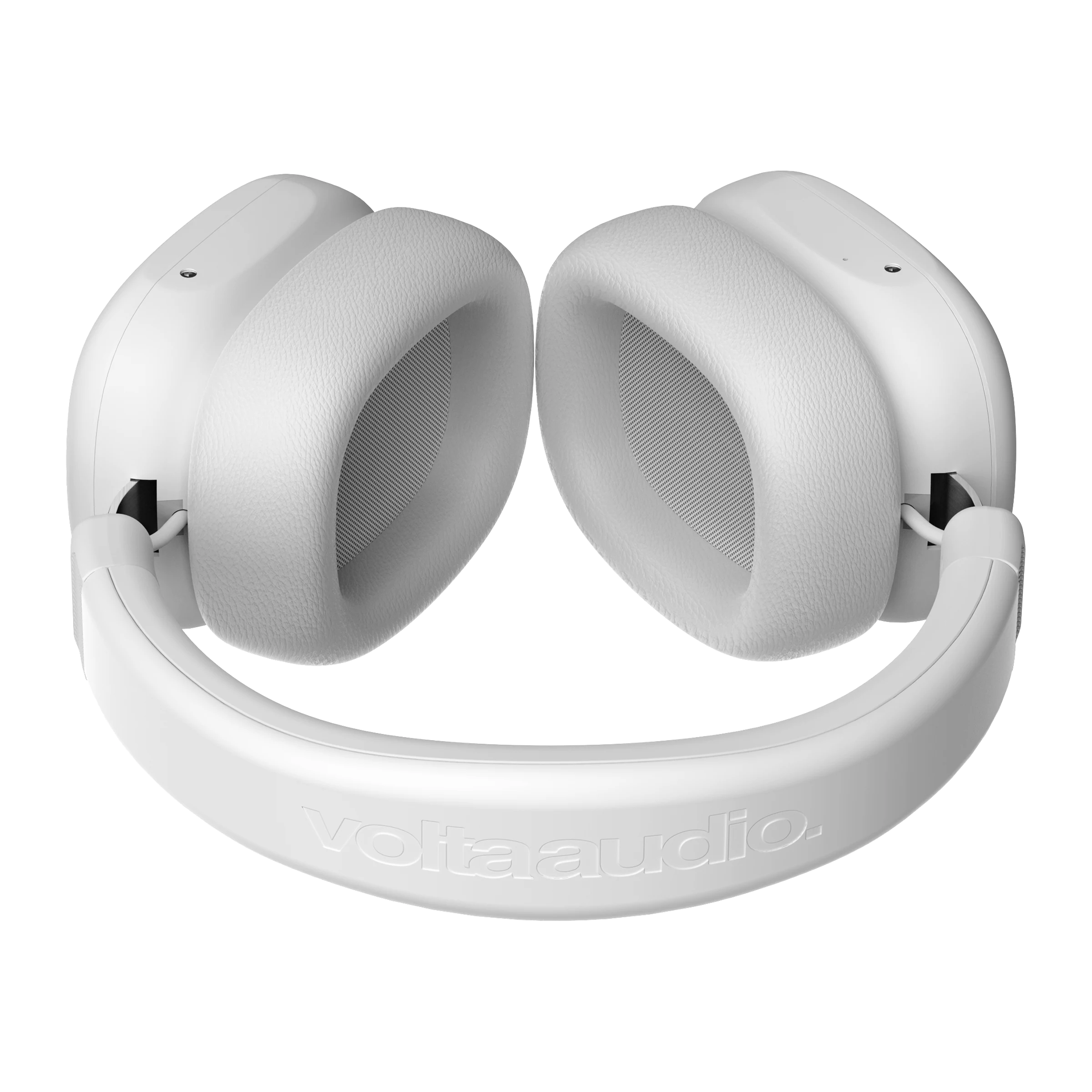 Volta Audio ferrofluid headphones in white, folded showing the earcup padding